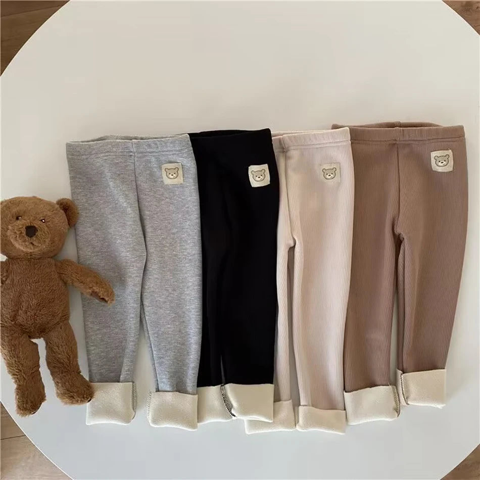 Plush Pants for Kids 1-8 Years Soft Warm Solid Color with Animal Cartoons Stretchy Comfy Winter Trousers for Boys and Girls