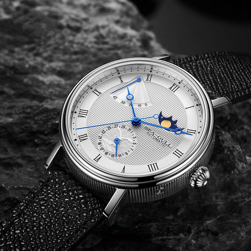 Seagull Men's Business Wristwatch Moon Phase Leather Luxury Automatic Mechannical Men's Watches 50M Waterproof relogio 6092