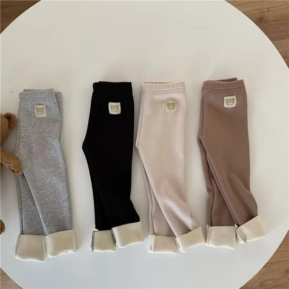 Plush Pants for Kids 1-8 Years Soft Warm Solid Color with Animal Cartoons Stretchy Comfy Winter Trousers for Boys and Girls