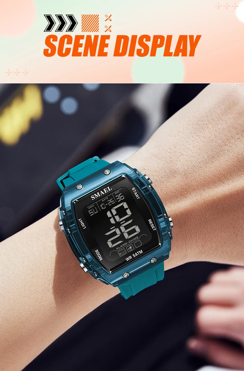 SMAEL Digital Watches Big Dial Rectangle Sport Watches LED Date 8108 Digital Watches 50m Waterproof Shockproof Men's Wristwatch