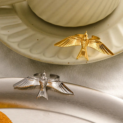 Stainless Steel 18k Gold Plated Vintage Stereoscopic Bird Shaped Open Rings for Women Waterproof Fashion Charm Jewelry Party