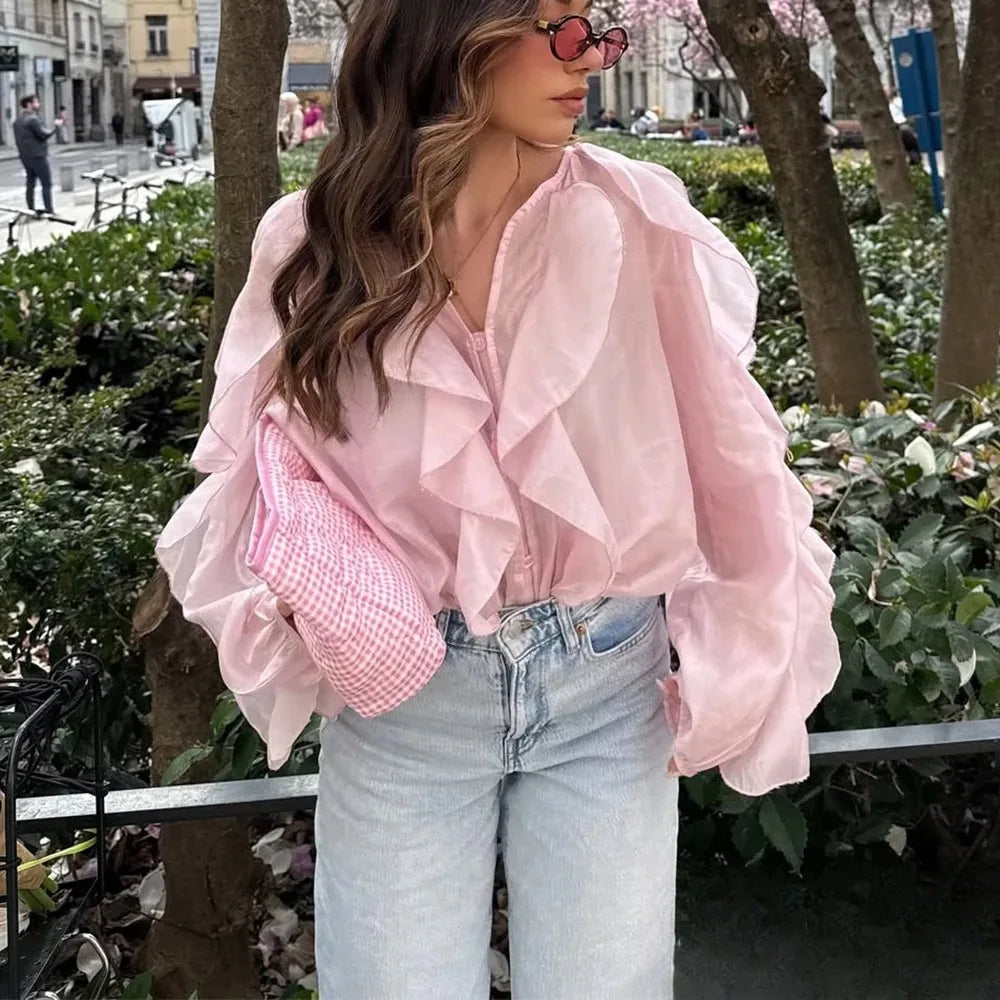 KONDALA Burgundy Mesh Ruffles Shirts For Women Elegant Long Sleeve See Through Loose Tops 2025 New Female High Street Partywear