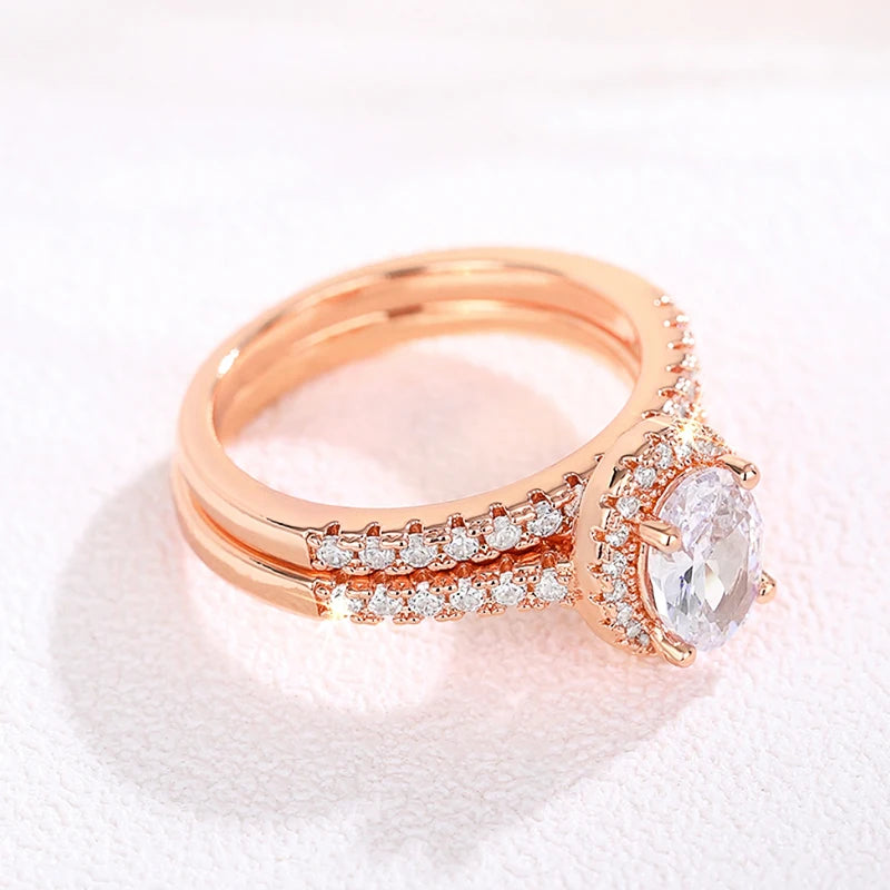 Huitan Gold Color/Rose Gold Color 2Pcs Set Wedding Rings for Women Luxury Cubic Zirconia Engagement Party Female Trendy Jewelry