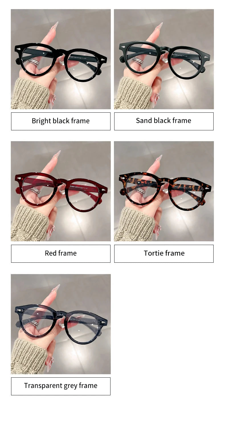 A high-end, retro Korean-style round frame anti-blue light flat glasses with a simple round frame and rice studs without makeup
