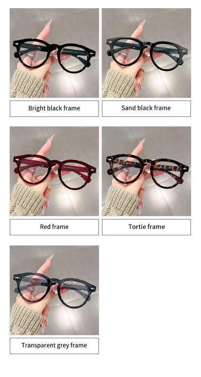 A high-end, retro Korean-style round frame anti-blue light flat glasses with a simple round frame and rice studs without makeup