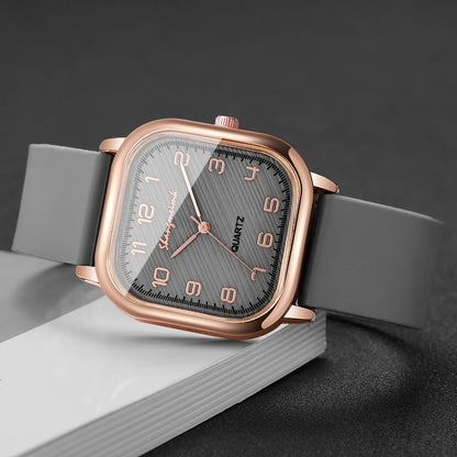 2PCS Fashion Square Arabic Dial Women Watches Heart Bracelet Set Casual Silicone Strap Quartz Watch Reloj Mujer（Without Box）