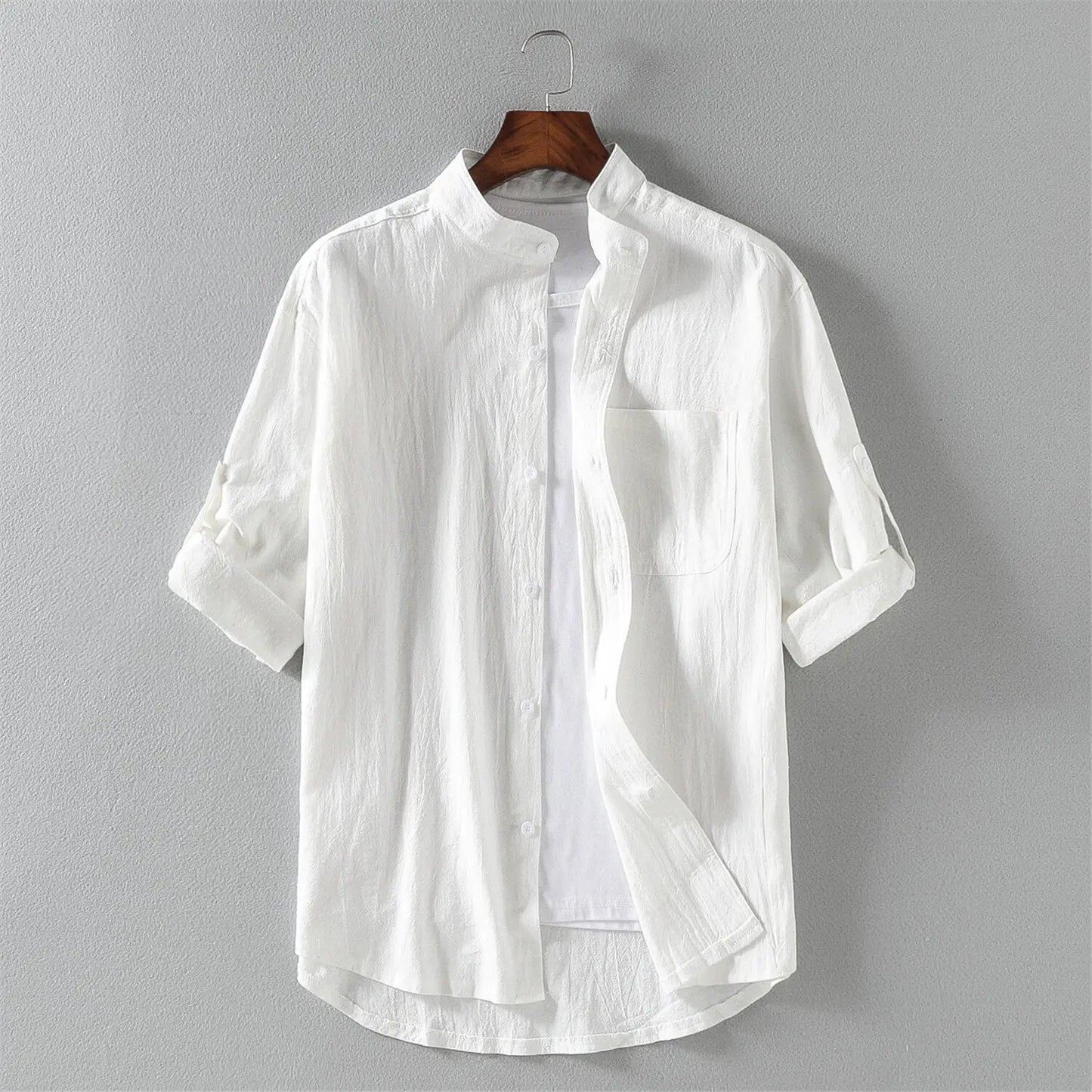 LEGIBLE Summer Shirts Men Loose Thin Cotton Short Sleeve Shirts Male Fashion Stand Solid Color 4XL 5XL