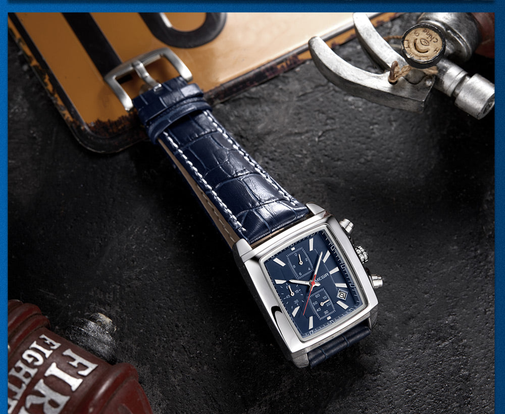 MEGIR Fashion Casual Men Chronograph Quartz Watch Top Brand Military Sport Wristwatch Man Rectangle  Leather Watches Male 2028