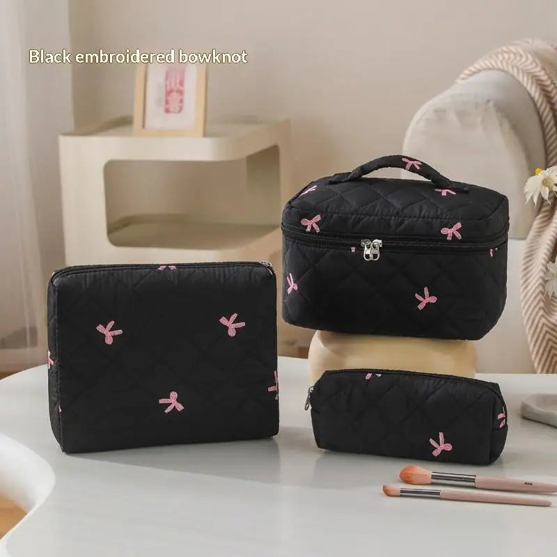 Black Women Portable Makeup Bag Large Capacity Bow Quilting Cosmetic Pouch Handbag Ladies Travel Toiletry Storage Bag