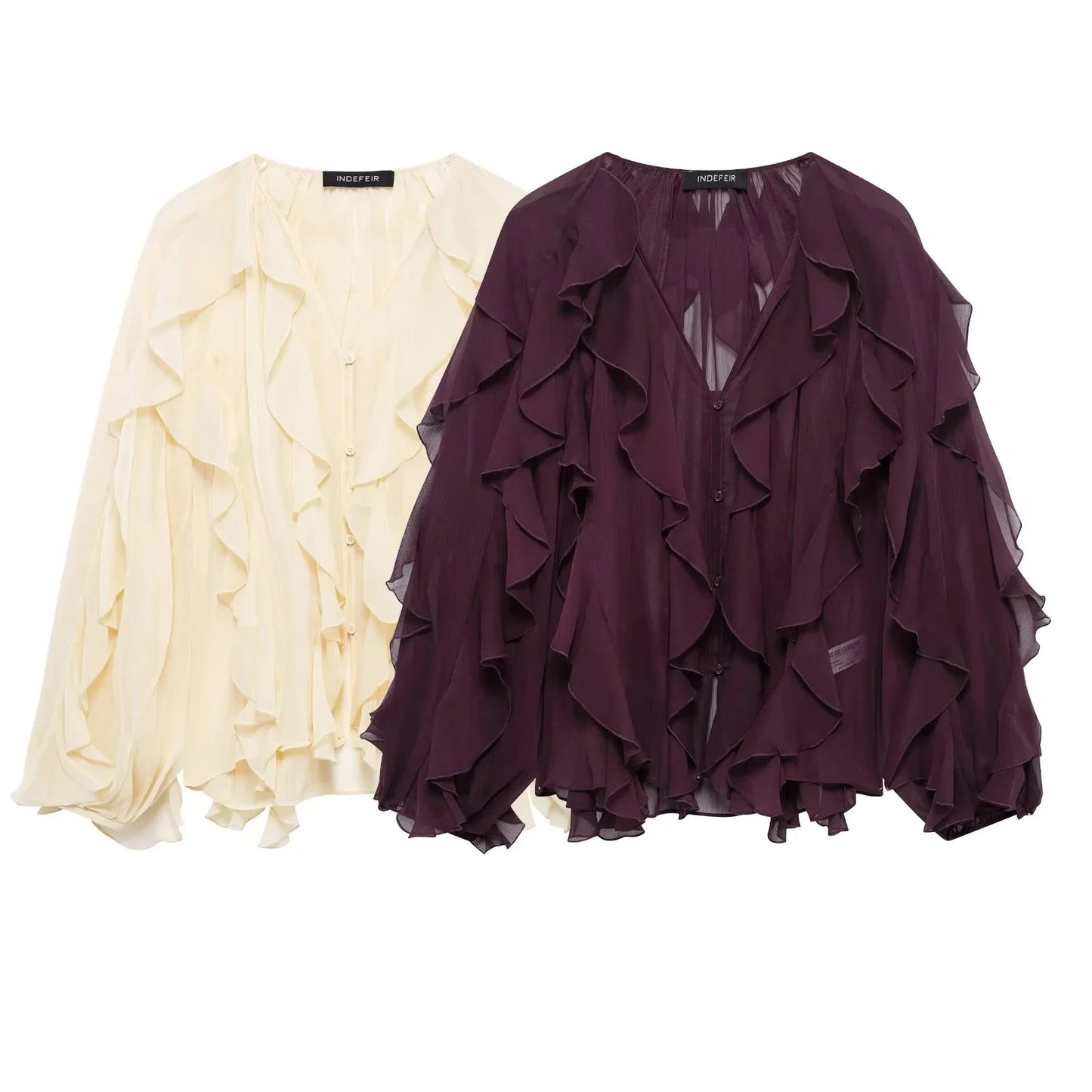 KONDALA Burgundy Mesh Ruffles Shirts For Women Elegant Long Sleeve See Through Loose Tops 2025 New Female High Street Partywear