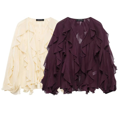 KONDALA Burgundy Mesh Ruffles Shirts For Women Elegant Long Sleeve See Through Loose Tops 2025 New Female High Street Partywear