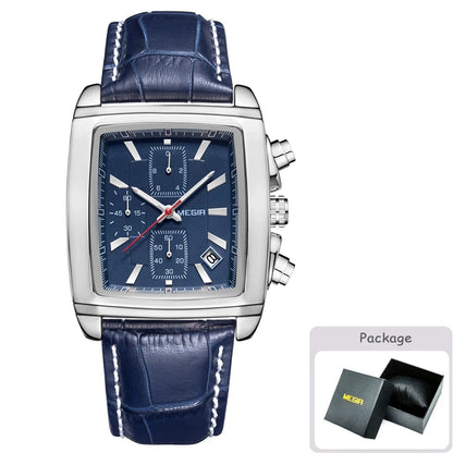 MEGIR Fashion Casual Men Chronograph Quartz Watch Top Brand Military Sport Wristwatch Man Rectangle  Leather Watches Male 2028