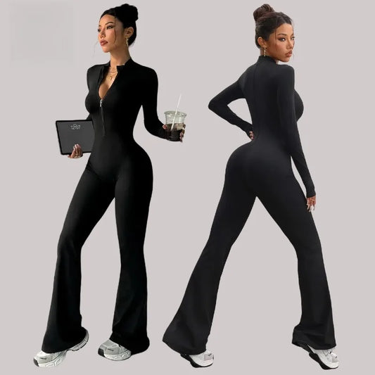 Nylon Yarn Zipper Long-sleeved Flare Pants Yoga One-piece Clothes Tight Fitness Sportswear Women's Jumpsuits