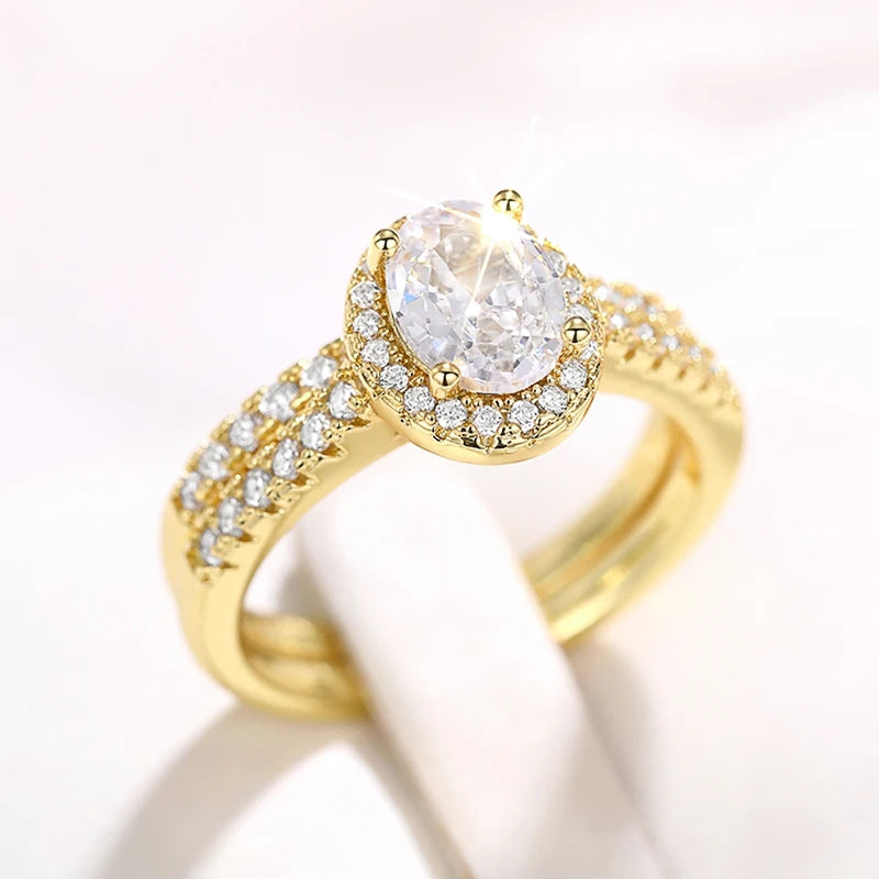 Huitan Gold Color/Rose Gold Color 2Pcs Set Wedding Rings for Women Luxury Cubic Zirconia Engagement Party Female Trendy Jewelry