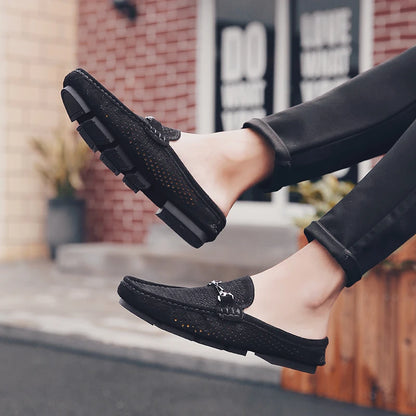 Moda masculina chinelos de couro ao ar livre meia loafers sapatos leves respirável mulas para o homem verão sandálias casuais sapatos preguiçosos