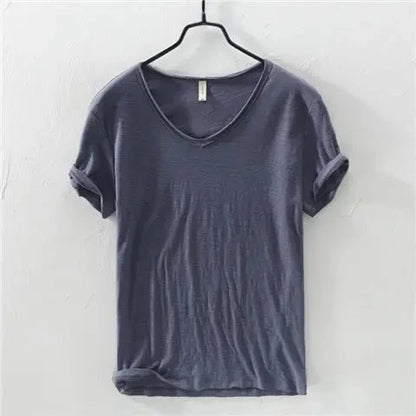 2026 Summer New 100% Cotton White T-shirt Male V-neck
