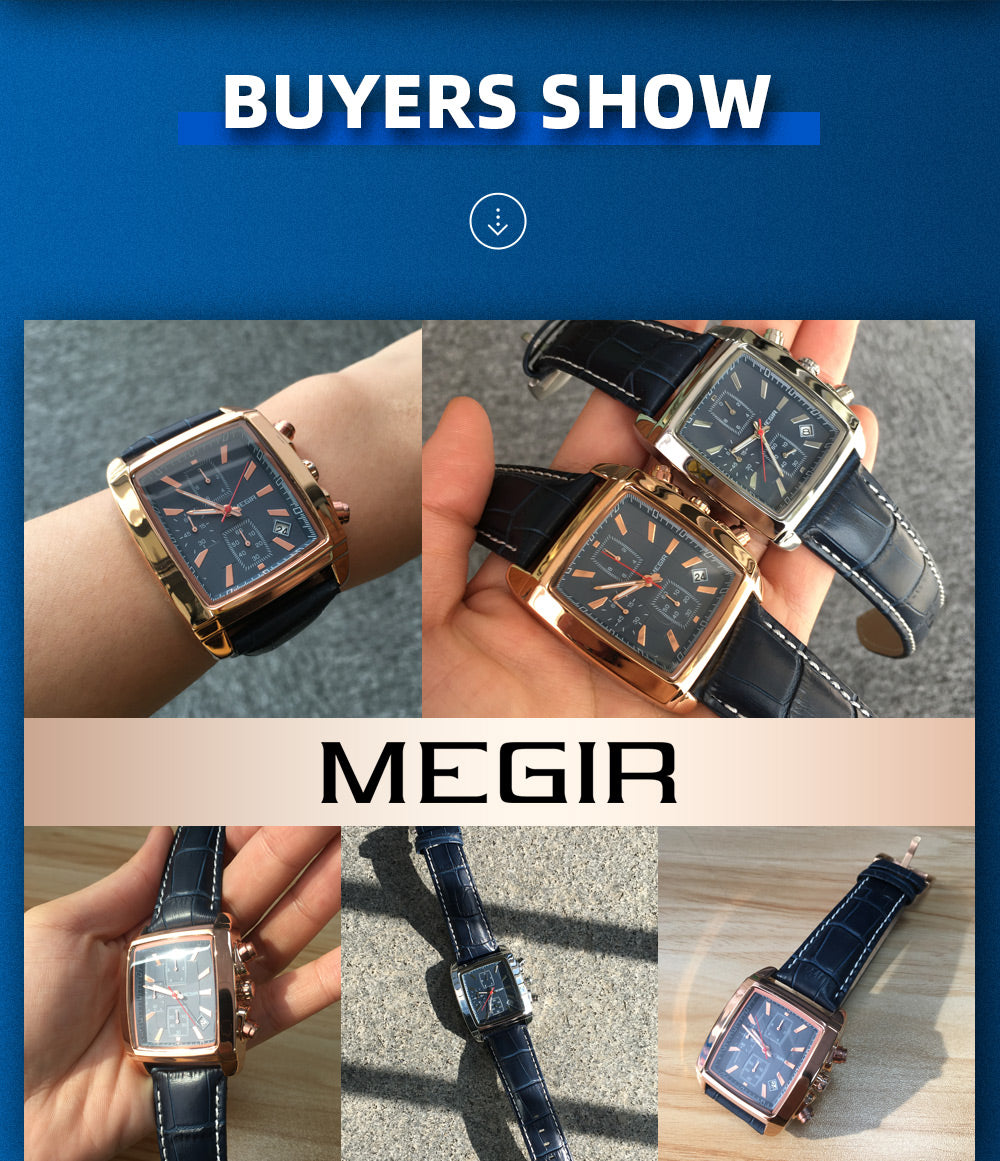 MEGIR Fashion Casual Men Chronograph Quartz Watch Top Brand Military Sport Wristwatch Man Rectangle  Leather Watches Male 2028