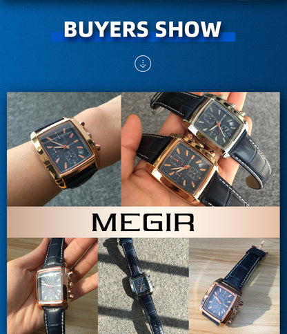 MEGIR Fashion Casual Men Chronograph Quartz Watch Top Brand Military Sport Wristwatch Man Rectangle  Leather Watches Male 2028