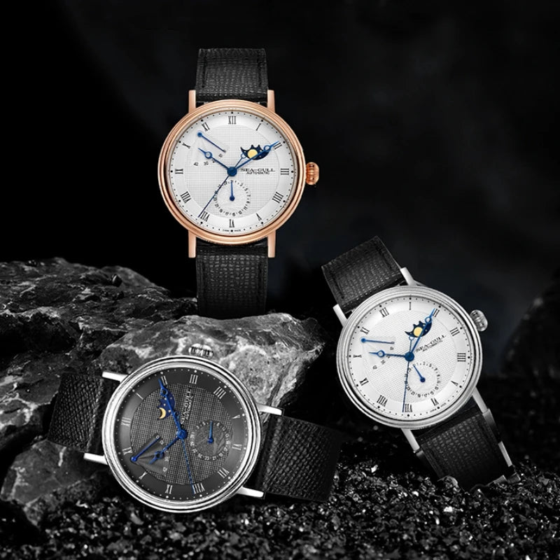 Seagull Men's Business Wristwatch Moon Phase Leather Luxury Automatic Mechannical Men's Watches 50M Waterproof relogio 6092