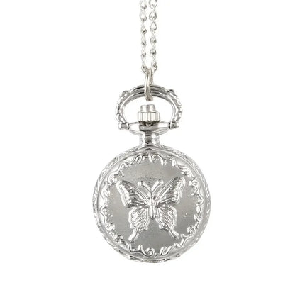 Fashion Cute Relief Silver Butterfly Pocket Watch Vintage Quartz Pocket Watch Unisex Sweater Chain Watches Necklace