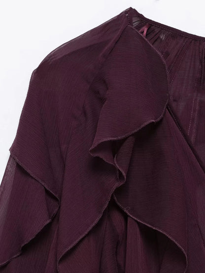 KONDALA Burgundy Mesh Ruffles Shirts For Women Elegant Long Sleeve See Through Loose Tops 2025 New Female High Street Partywear
