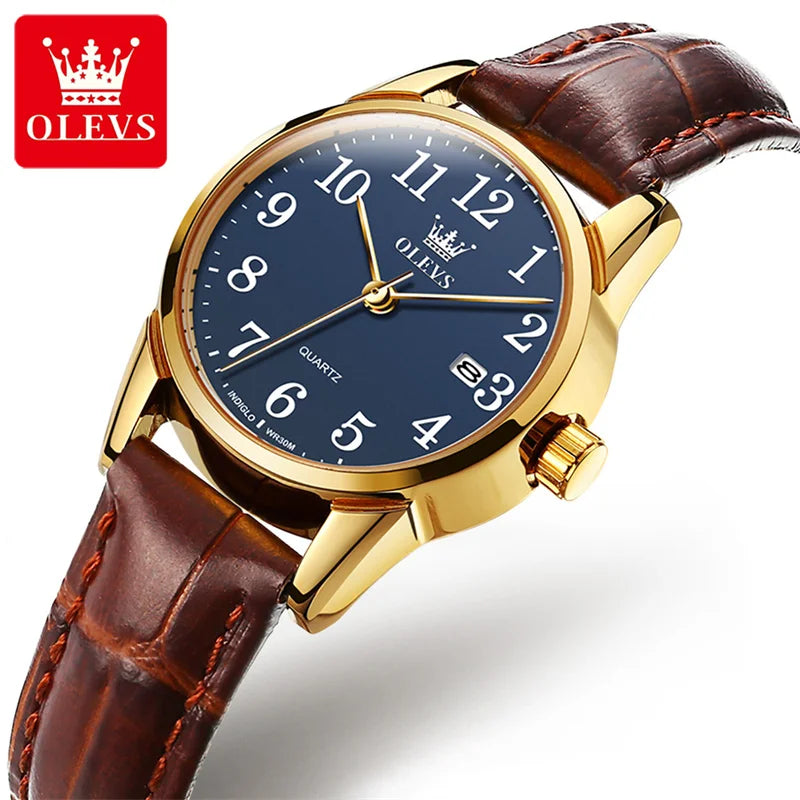 OLEVS Brand Fashion Simple Quartz Watch for Women Leather Strap Waterproof Calendar Womens Watches Elegant Female Clock