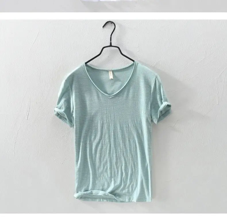 2026 Summer New 100% Cotton White T-shirt Male V-neck