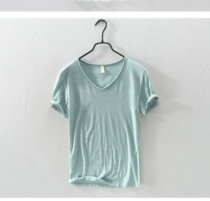 2026 Summer New 100% Cotton White T-shirt Male V-neck