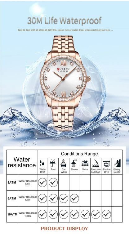 CURREN Luxury Watch Women Ring Necklace Earrings Rhinestone Fashion Wristwatch Female Casual Ladies Watches Bracelet 5PCS Set