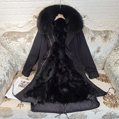 Maomaokong Winter Woman Natural Fur Overcoat Plus Size Black Parkas Raccoon Real Fur Lining Extra Larg Warm Jacket Coats Long