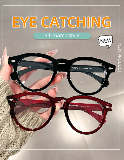 A high-end, retro Korean-style round frame anti-blue light flat glasses with a simple round frame and rice studs without makeup