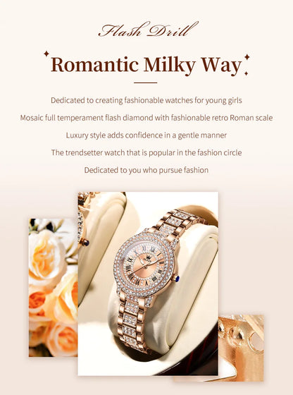 OLEVS 9943 Luxury All Diamond Original Quartz Watch for Women Elegant Rose Gold Stainless Steel Waterproof Ladies Wrist Watches