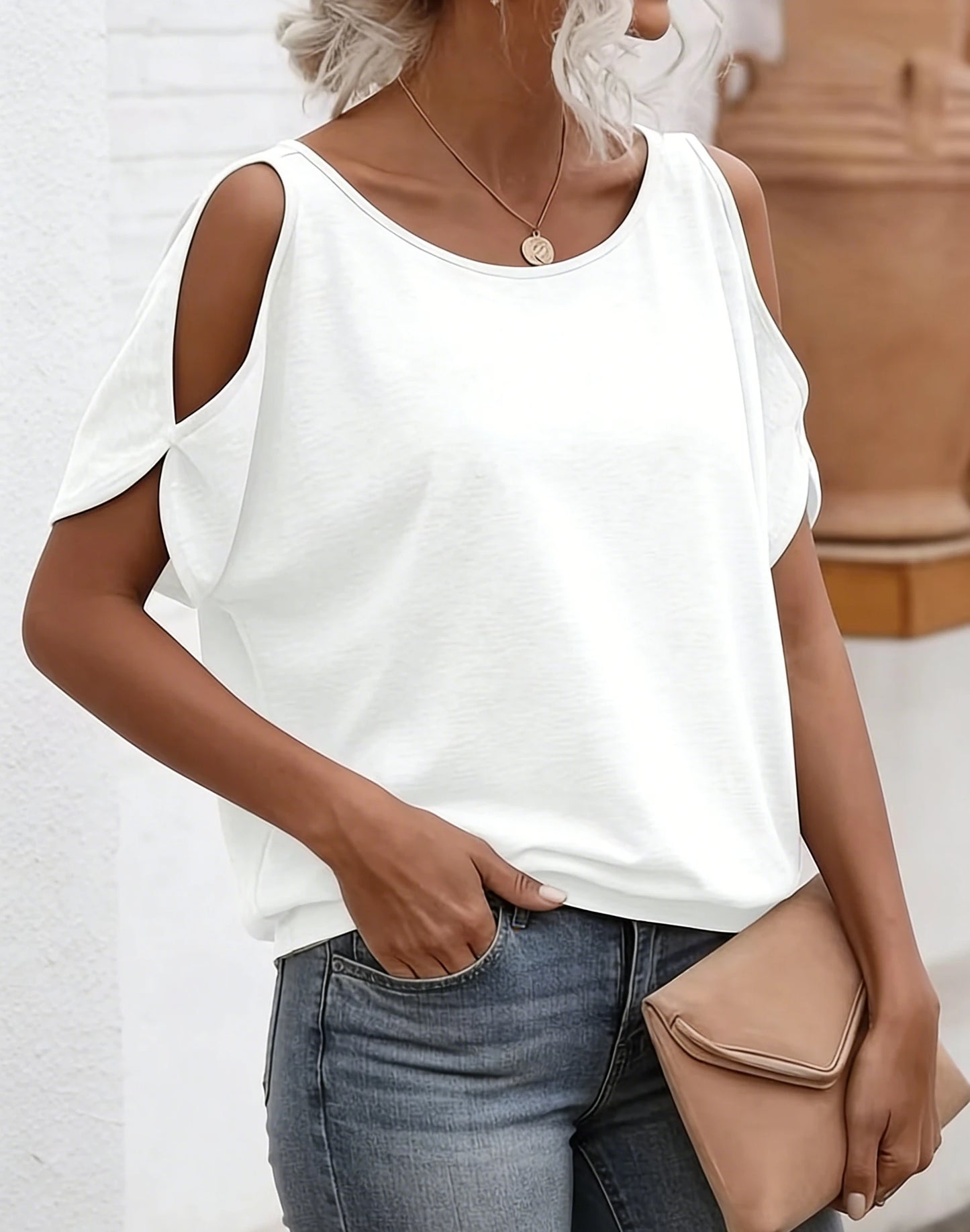 Women's Tee Top Cold Shoulder Short Sleeve Solid Soft Knit Loose Tops Casual