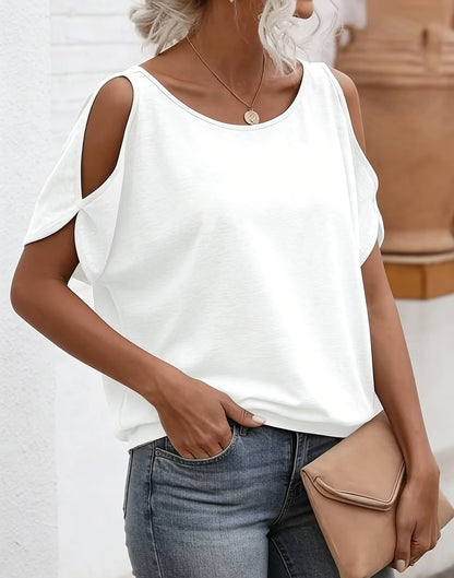 Women's Tee Top Cold Shoulder Short Sleeve Solid Soft Knit Loose Tops Casual