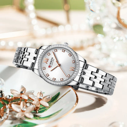 CURREN Luxury Watch Women Ring Necklace Earrings Rhinestone Fashion Wristwatch Female Casual Ladies Watches Bracelet 5PCS Set
