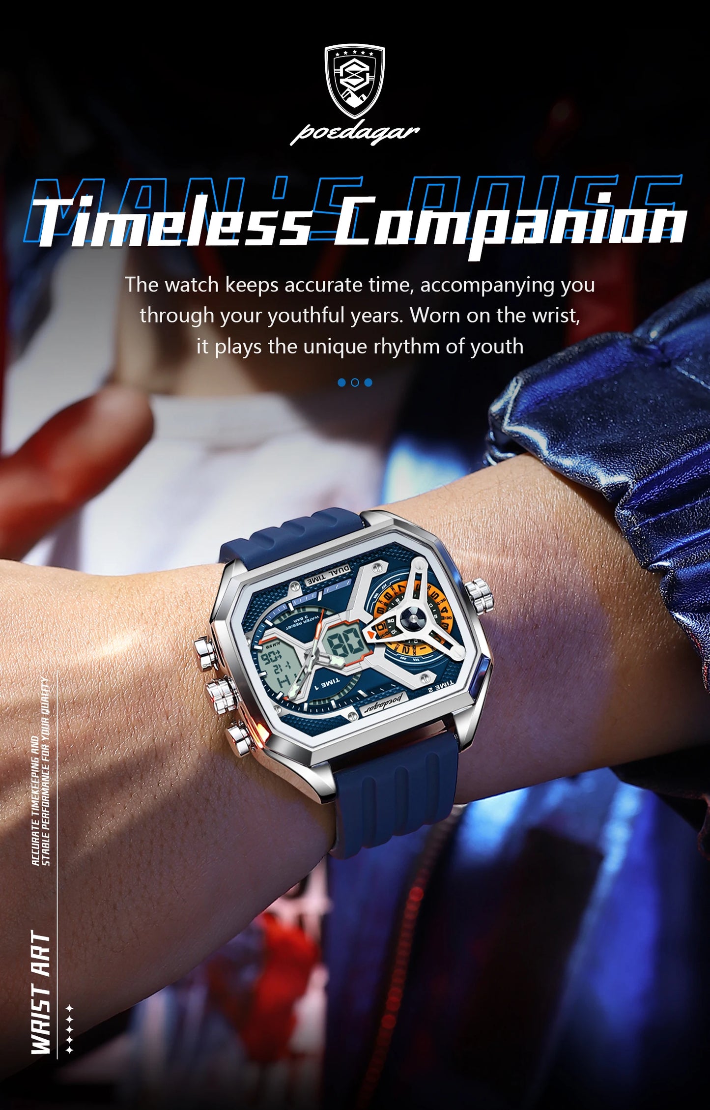 POEDAGAR Luxury Men Wristwatch Date Week Luminous LED Quartz Man Clock Silicone Strap Electronic Dual Time Fashion Men's Watches