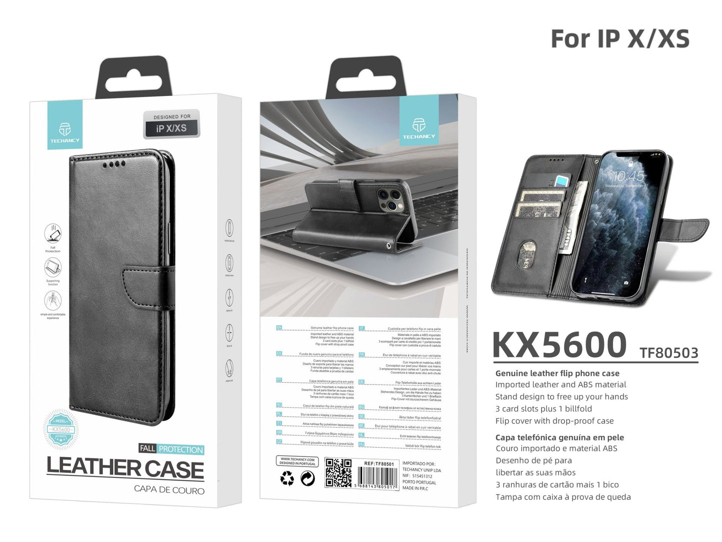 Capa flip em couro para telemóvel com 3 ranhuras para cartões, KX5600, função suporte e proteção contra quedas, compatível com iPhone X/Xs, Preto