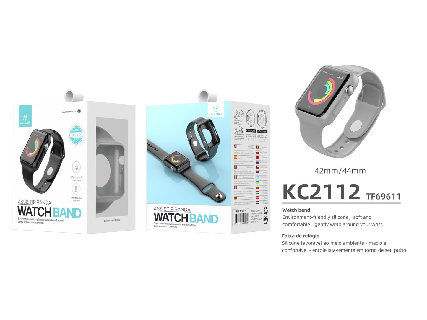 Pulseira para relógio totalmente adesiva Techancy, KC2112, compatível com Apple Watch 42-44 mm, cinzenta