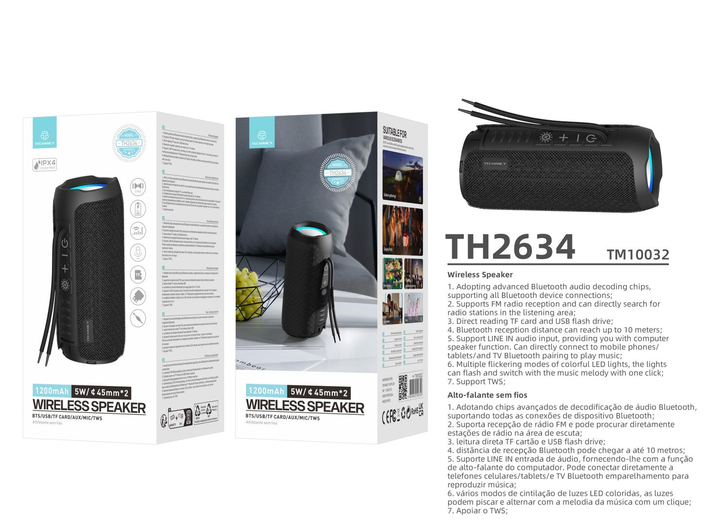 Techancy Altifalante sem fios Bluetooth versão 5.3 TH2634, suporta entrada TF/U disk/LINE LN, luz LED de 7 cores