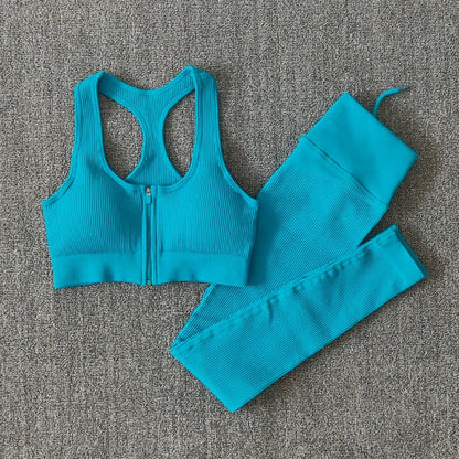Seamless Women Yoga Set Workout Sportswear Gym Clothing Zipper Long Sleeve High Waist Leggings Fitness Bra Athletic Sports Suits