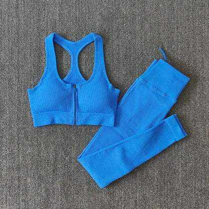 Seamless Women Yoga Set Workout Sportswear Gym Clothing Zipper Long Sleeve High Waist Leggings Fitness Bra Athletic Sports Suits