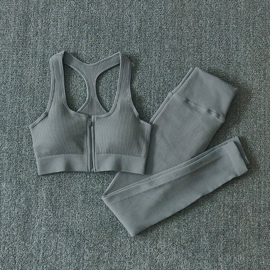 Seamless Women Yoga Set Workout Sportswear Gym Clothing Zipper Long Sleeve High Waist Leggings Fitness Bra Athletic Sports Suits