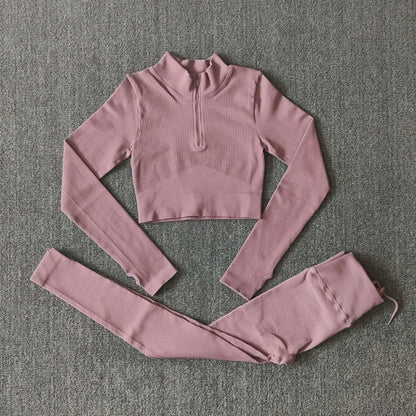 Seamless Women Yoga Set Workout Sportswear Gym Clothing Zipper Long Sleeve High Waist Leggings Fitness Bra Athletic Sports Suits