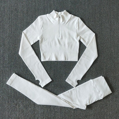 Seamless Women Yoga Set Workout Sportswear Gym Clothing Zipper Long Sleeve High Waist Leggings Fitness Bra Athletic Sports Suits