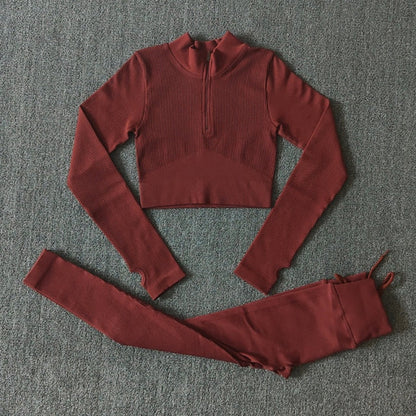 Seamless Women Yoga Set Workout Sportswear Gym Clothing Zipper Long Sleeve High Waist Leggings Fitness Bra Athletic Sports Suits
