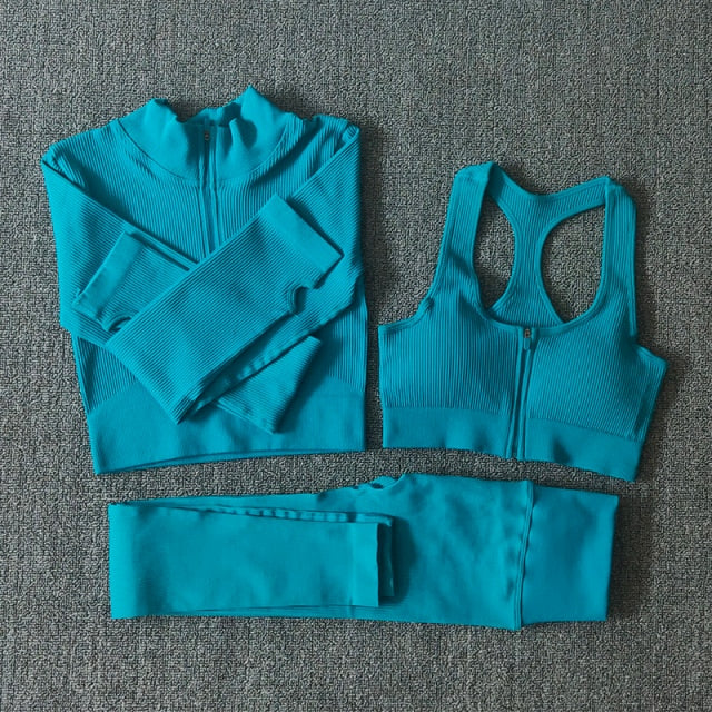 Seamless Women Yoga Set Workout Sportswear Gym Clothing Zipper Long Sleeve High Waist Leggings Fitness Bra Athletic Sports Suits