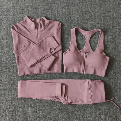 Seamless Women Yoga Set Workout Sportswear Gym Clothing Zipper Long Sleeve High Waist Leggings Fitness Bra Athletic Sports Suits