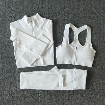 Seamless Women Yoga Set Workout Sportswear Gym Clothing Zipper Long Sleeve High Waist Leggings Fitness Bra Athletic Sports Suits