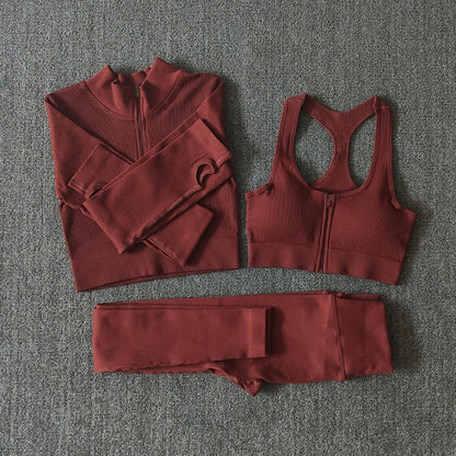 Seamless Women Yoga Set Workout Sportswear Gym Clothing Zipper Long Sleeve High Waist Leggings Fitness Bra Athletic Sports Suits