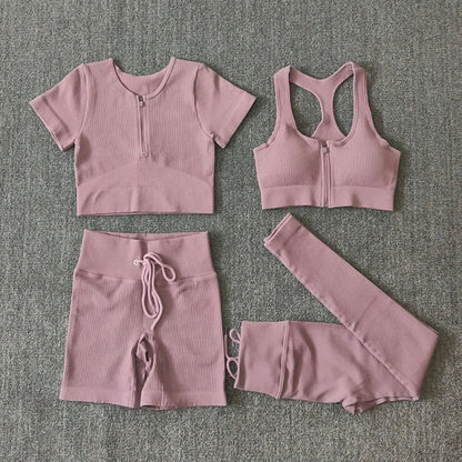 Seamless Women Yoga Set Workout Sportswear Gym Clothing Zipper Long Sleeve High Waist Leggings Fitness Bra Athletic Sports Suits